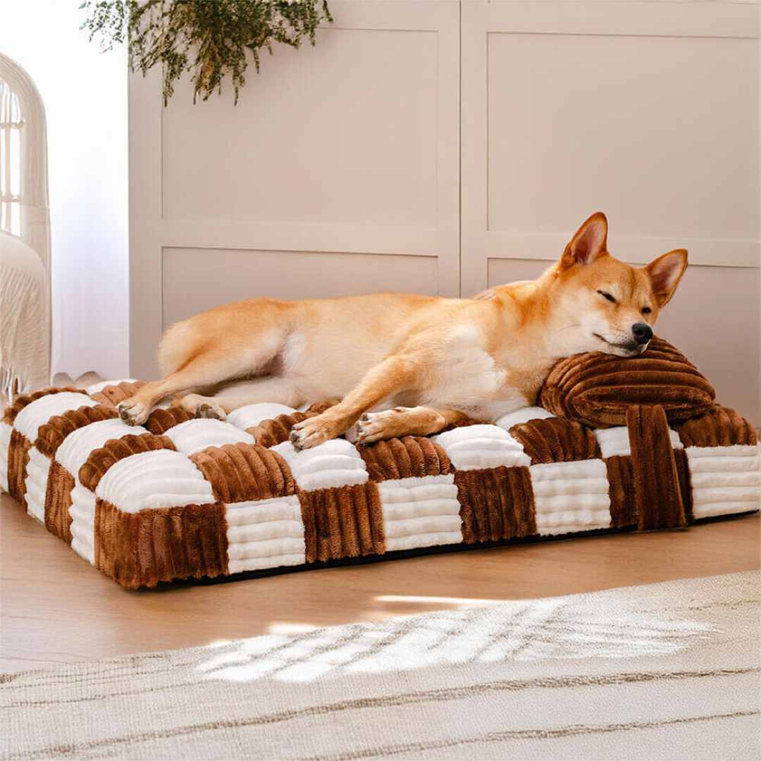 Handmade Plush Chessboard Orthopedic Support Dog Bed with Pillow